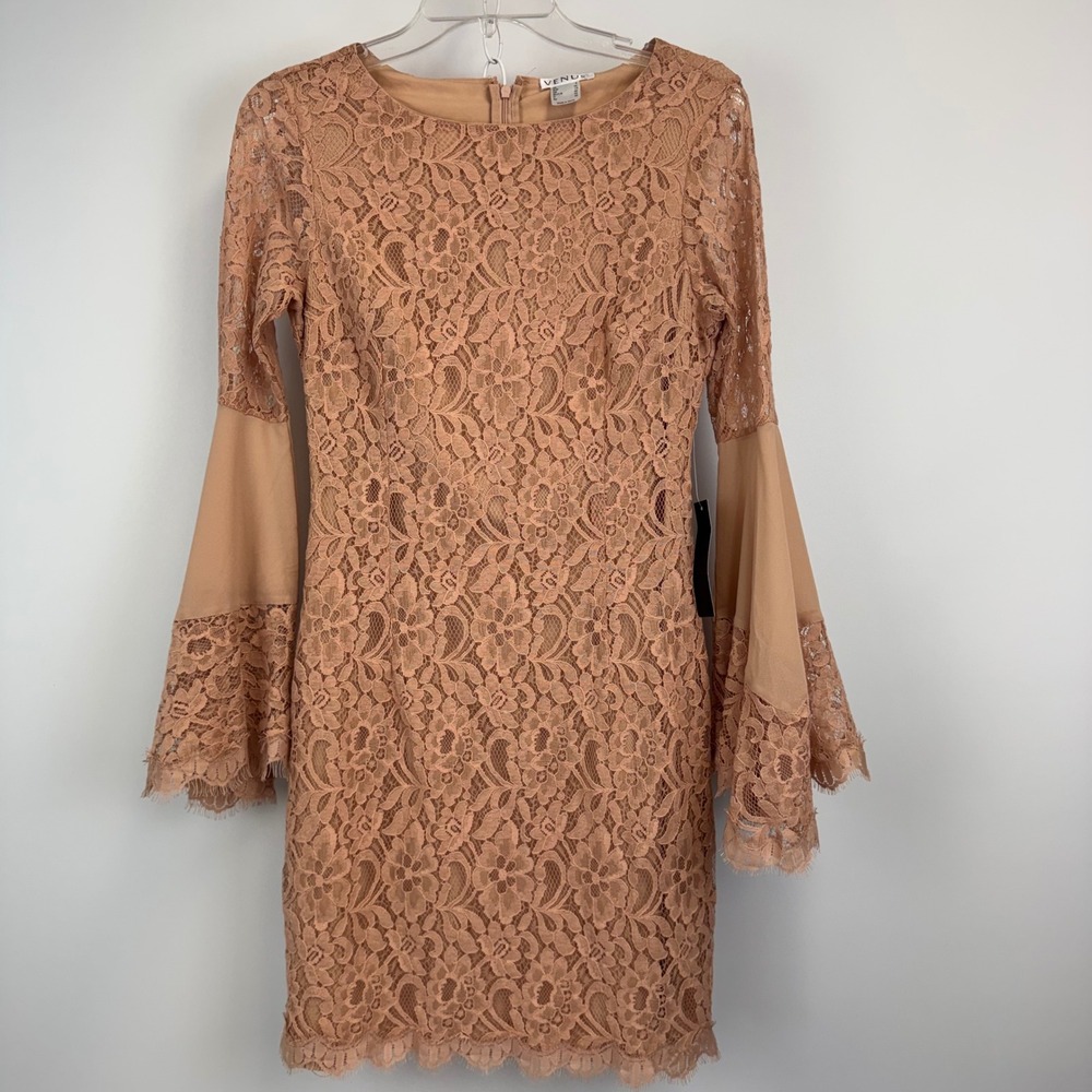 Venus Womens Tan Apricot Floral Lace Bell Sleeve Sheath Dress Size 4 KBLG